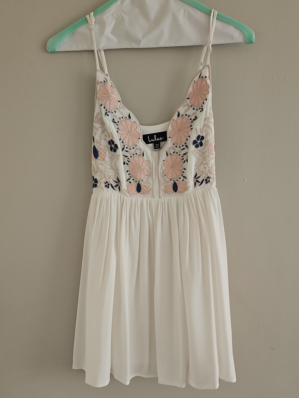 Lulu's White Mini Dress with Pink & Navy Floral Embroidery Extra Small
